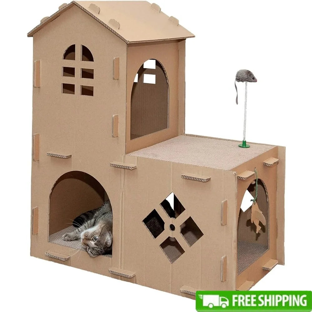 Multi-Level Cardboard Cat House with Scratch Pads Toys and Catnip Indoor Cats and Small Pets