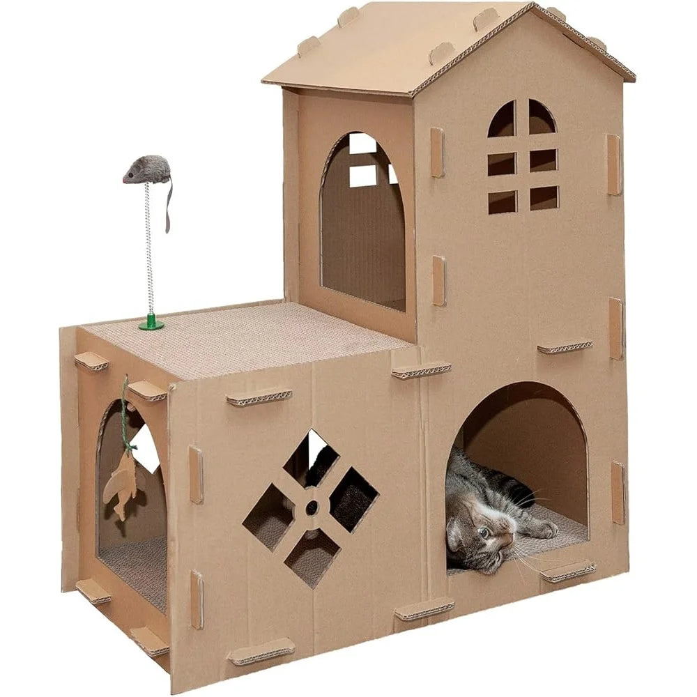 Multi-Level Cardboard Cat House with Scratch Pads Toys and Catnip Indoor Cats and Small Pets