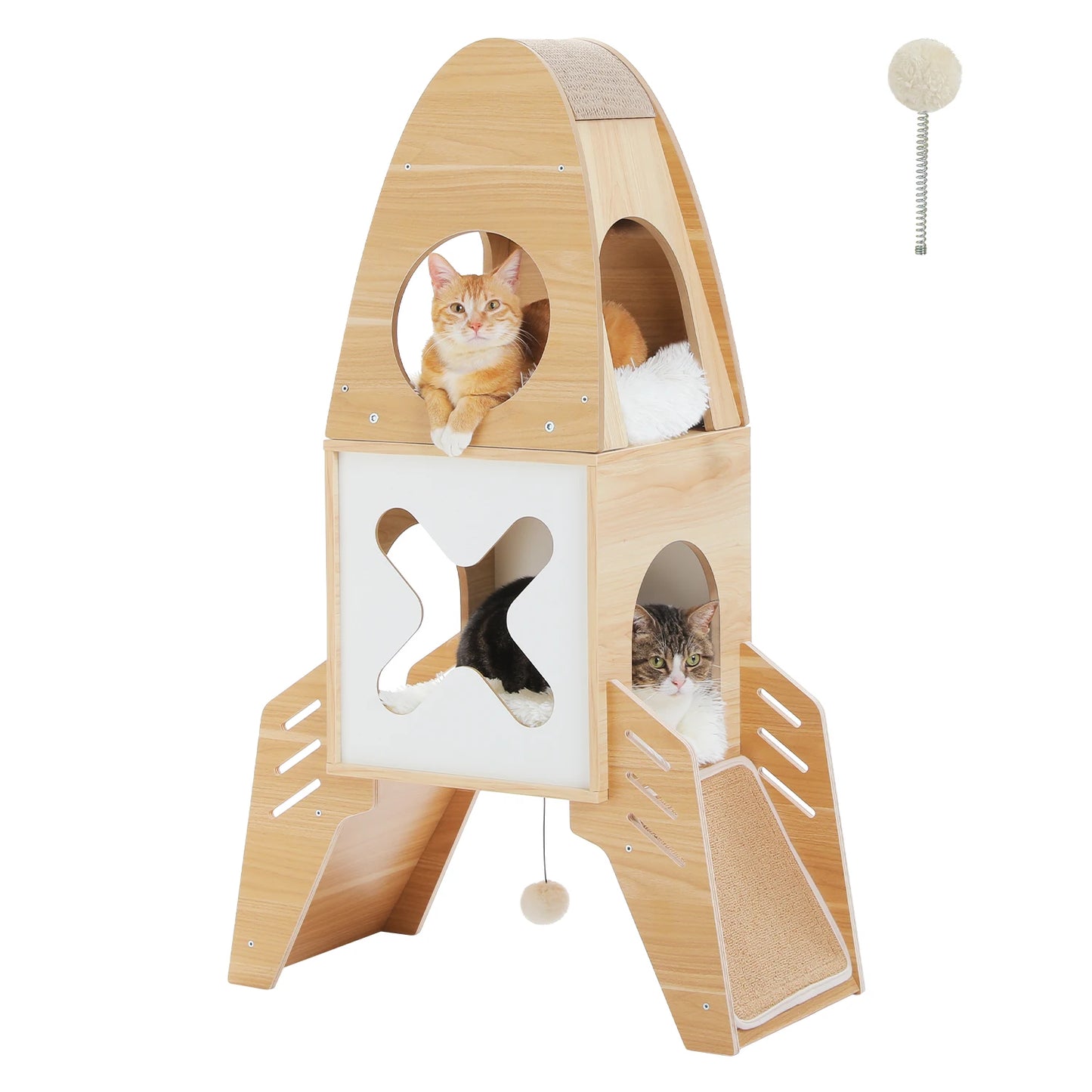 Wood Cat Tower for Indoor, Modern Cat Tree with 2 Cozy Condos, Sisal Scratcher Pads, Dangling Balls, Rocket Shape Cat Furniture