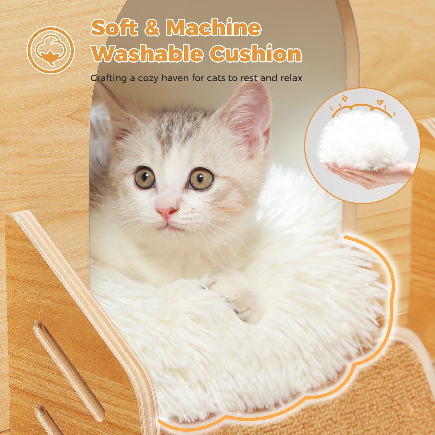 Wood Cat Tower for Indoor, Modern Cat Tree with 2 Cozy Condos, Sisal Scratcher Pads, Dangling Balls, Rocket Shape Cat Furniture