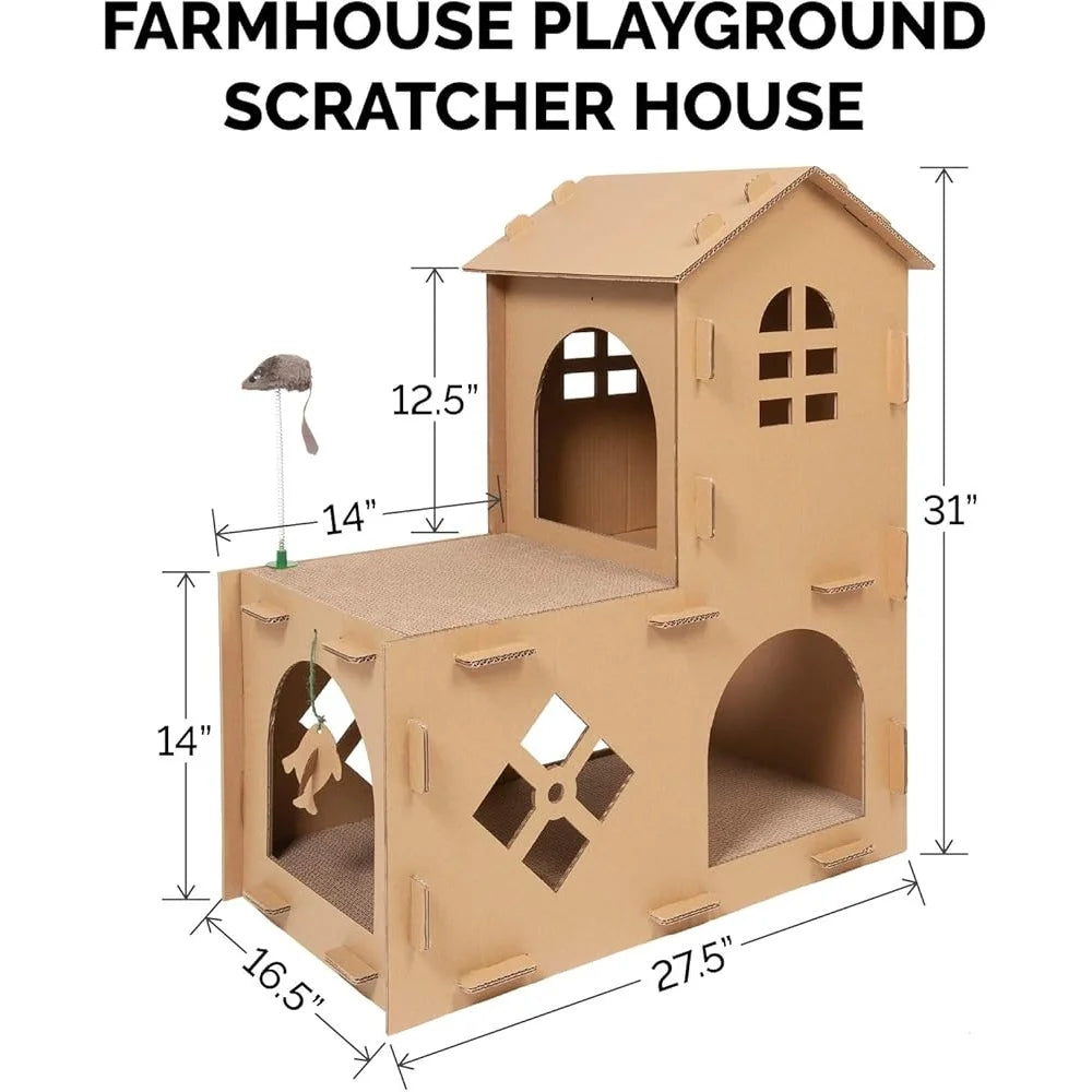 Multi-Level Cardboard Cat House with Scratch Pads Toys and Catnip Indoor Cats and Small Pets