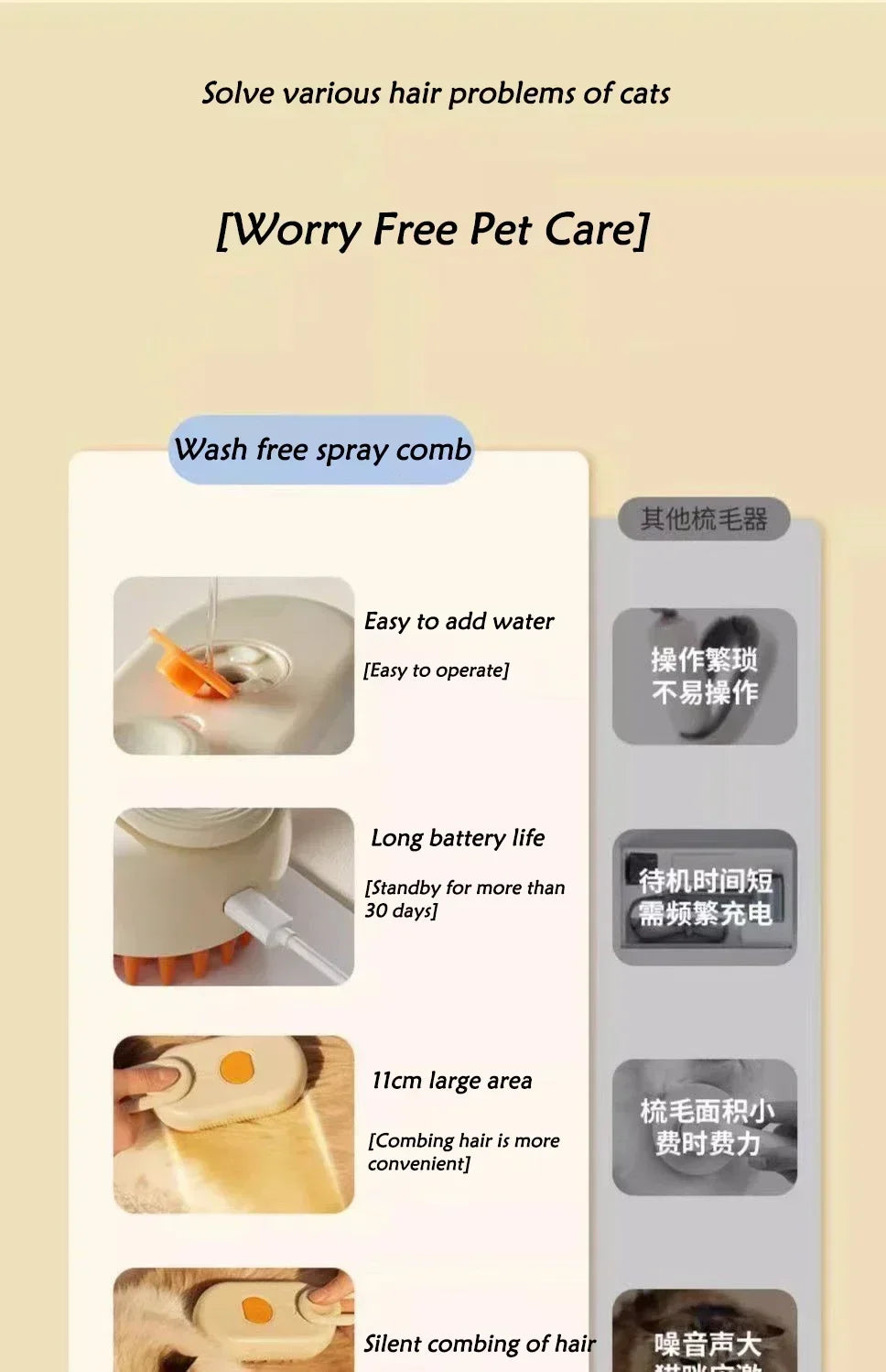 Pet spray massage brush three in one key steam spray folding rotary floating shampoo brush comb