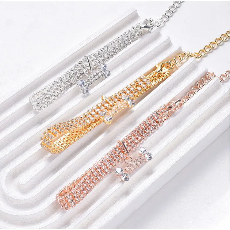 Adjustable Pet Necklace Cat Dog Crystal Collar Rhinestone Bone Pendant Puppy Luxury Fashion Beauty Dress Up Dog Accessories
