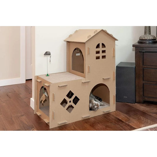 Multi-Level Cardboard Cat House with Scratch Pads Toys and Catnip Indoor Cats and Small Pets